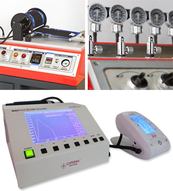 Some of our proprietary test equipment, including the cuff endurance tester, the valve leak tester and the NIBP simulator.