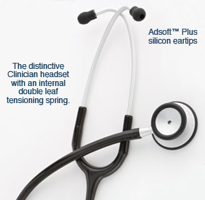 The distinctive Clinician headset with an internal double leaf tensioning spring and Adsoft™ Plus eartips.