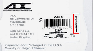LOT number shown on a small ADC item label