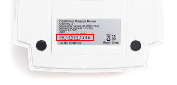 Serial Number shown on the bottom of a home blood pressure unit.